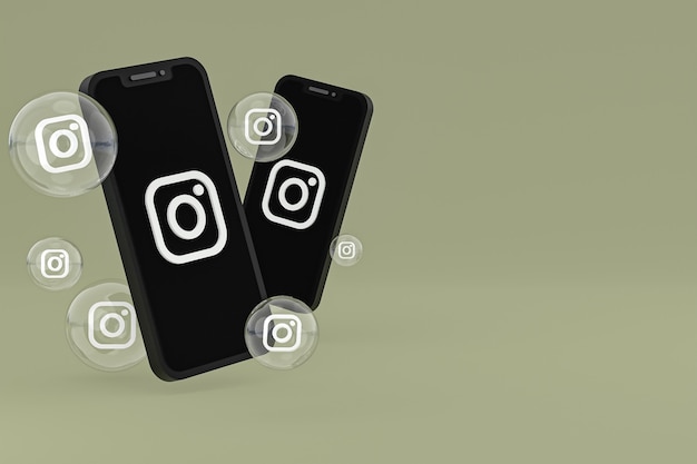 Ikona Instagrama na ekranie smartfona lub reakcje mobilne i instagramowe uwielbiają renderowanie 3d na zielonym tle