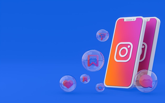 Ikona Instagrama na ekranie smartfona lub reakcje mobilne i instagramowe uwielbiają renderowanie 3d