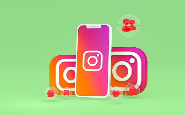 Ikona Instagrama na ekranie smartfona lub reakcje mobilne i instagramowe uwielbiają renderowanie 3d
