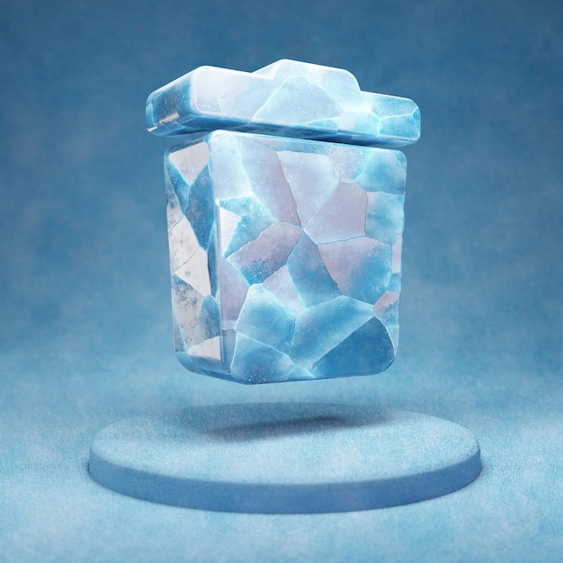 Ikona Kosza. Pęknięty Niebieski Symbol Ice Trash Na Niebieskim Podium śniegu. Ikona Mediów Społecznościowych Na Stronie Internetowej, Prezentacji, Element Szablonu Projektu. Renderowania 3d.