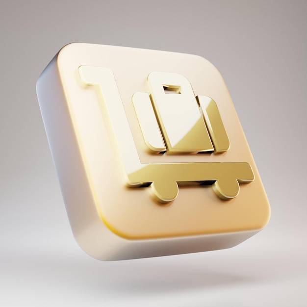 Ikona koszyka bagażu. Złoty symbol wózka bagażowego na matowej złotej płycie. 3D renderowane ikony mediów społecznościowych.