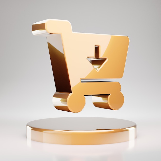 Ikona koszyka na zakupy. Żółte złoto symbol koszyka na złotym podium. 3D renderowane ikony mediów społecznościowych.