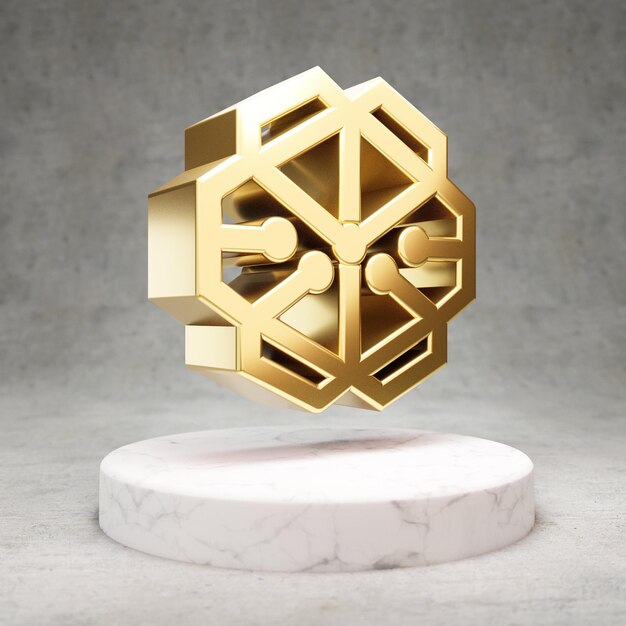 Ikona kryptowaluty Swissborg. Złoto 3d renderowane symbol Swissborg na białym marmurowym podium.