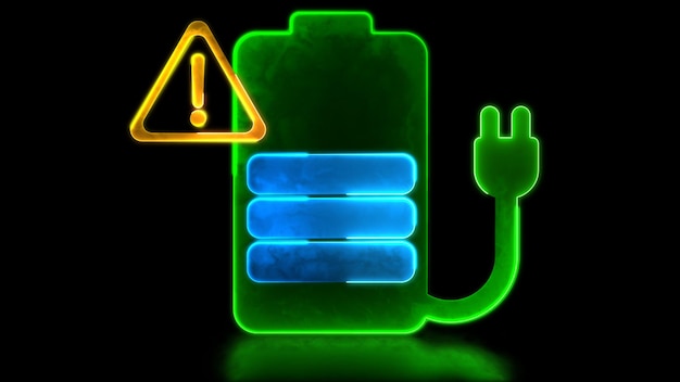 Ikona ładowania baterii z efektem świecenia neonowego na pętli Ostrzeżenie o niskim poziomie baterii na czarnym tle