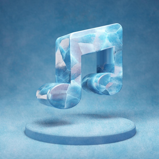 Ikona muzyki. Pęknięty niebieski symbol Ice Music na niebieskim podium śniegu. Ikona mediów społecznościowych na stronie internetowej, prezentacji, element szablonu projektu. renderowania 3D.