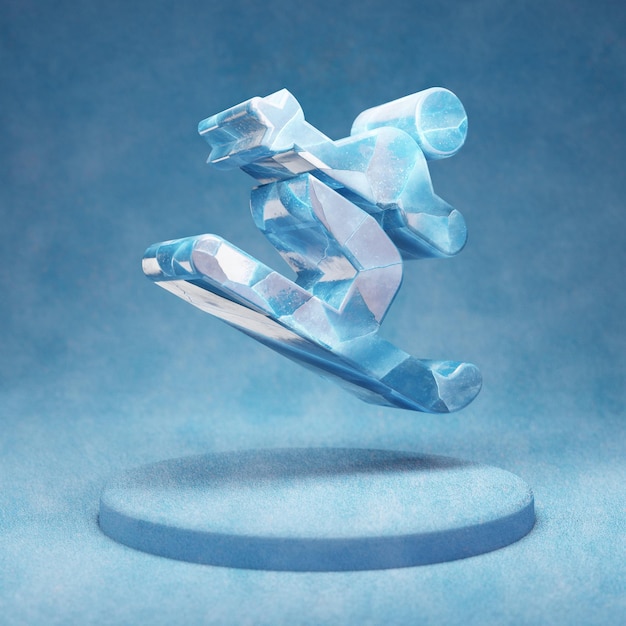 Ikona na nartach. Pęknięty niebieski symbol narciarstwa na lodzie na niebieskim podium śniegu. Ikona mediów społecznościowych na stronie internetowej, prezentacji, element szablonu projektu. renderowania 3D.