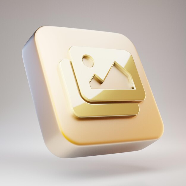 Ikona obrazów. Złoty symbol obrazów na matowej złotej płycie. 3D renderowane ikony mediów społecznościowych.