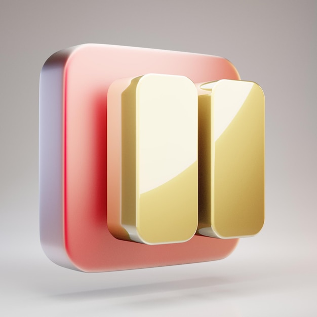 Ikona pauzy. Złoty symbol pauzy na czerwonym matowym złotym talerzu. 3D renderowane ikony mediów społecznościowych.