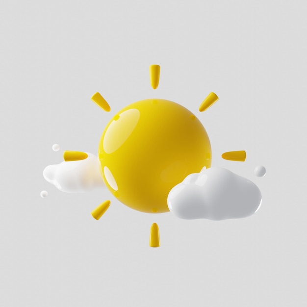 Ikona pogody słońce i białe chmury renderowania 3d
