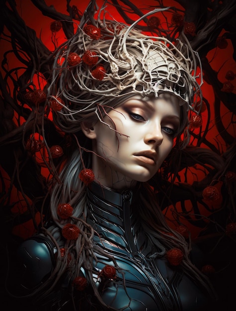 Ikona postapokalipsy Surrealistyczny portret młodej pięknej kobiety w ciemnej mistycznej atmosferze otoczonej czaszkami, kośćmi i innymi elementami okultystycznych złowrogich fantazji