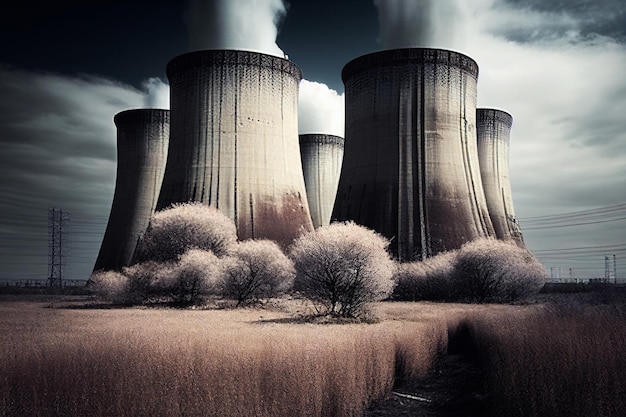 Zdjęcie ikona produkcji przemysłowej izometryczna. dwie wieże chłodnicze i worek cementowy. elektrownia, elektrownia, przemysł ciężki.