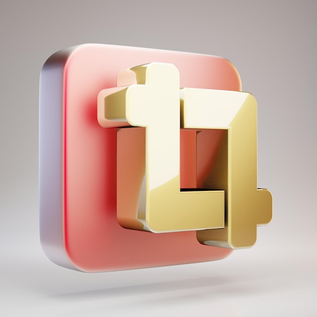Ikona przycinania. Złoty symbol upraw na czerwonym matowym złotym talerzu. 3D renderowane ikony mediów społecznościowych.