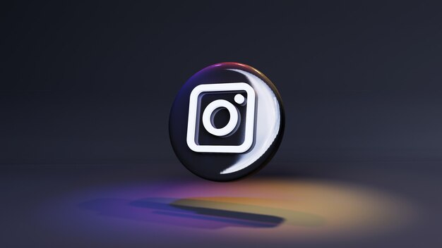 Ikona przycisku logo Instagram 3d w ciemnym tle ze światłami i miejsca na kopię. Renderowanie 3d