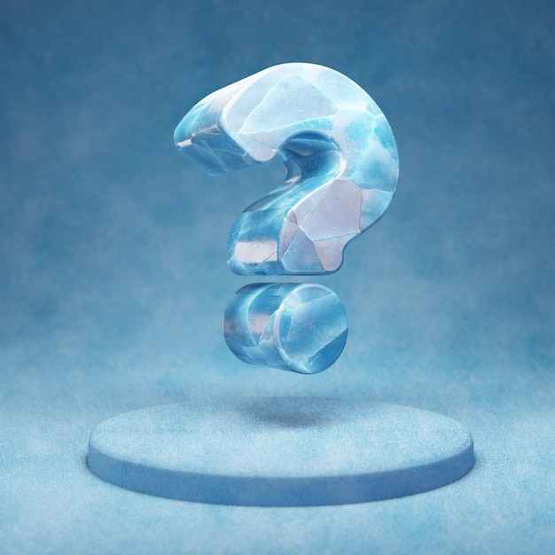 Ikona pytania. Pęknięty niebieski symbol pytanie lód na niebieskim podium śniegu. Ikona mediów społecznościowych na stronie internetowej, prezentacji, element szablonu projektu. renderowania 3D.