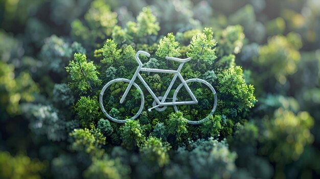 Zdjęcie ikona roweru z drzewami fotorealistyczna koncepcja przedstawiająca zalety jazdy na rowerze dla zmniejszenia emisji co2