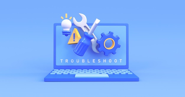 ikona rozwiązywania problemów z laptopem na niebieskim tle 3D