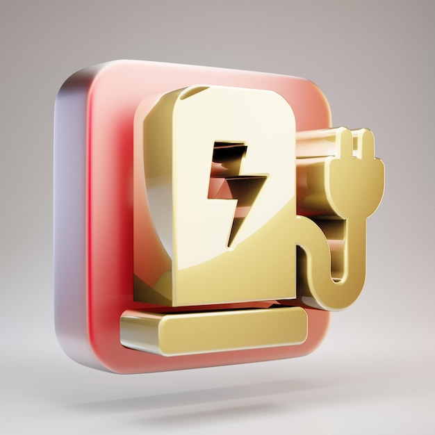 Ikona stacji ładowania. Złoty symbol stacji ładującej na czerwonej matowej złotej płycie. 3D renderowane ikony mediów społecznościowych.