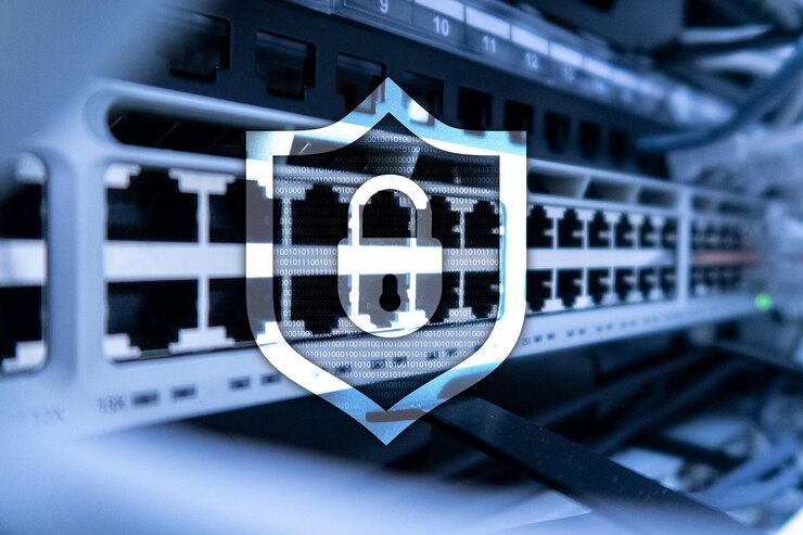 Zdjęcie ikona tarczy ochrony cybernetycznej na tle serwerowni bezpieczeństwo informacji i wykrywanie wirusów