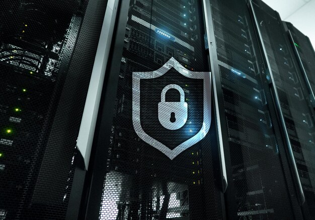 Ikona tarczy ochrony cybernetycznej na tle serwerowni Bezpieczeństwo informacji i wykrywanie wirusów