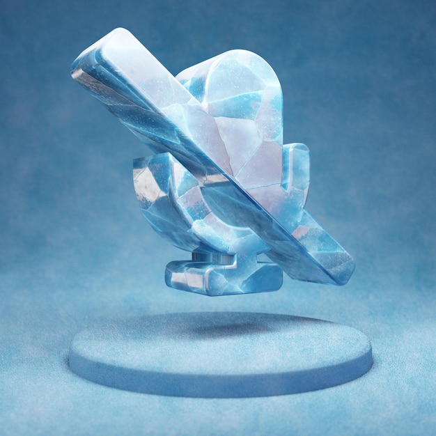 Ikona ukośnika mikrofonu. Pęknięty niebieski symbol ukośnika mikrofonu lodu na niebieskim podium śniegu. Ikona mediów społecznościowych na stronie internetowej, prezentacji, element szablonu projektu. renderowania 3D.