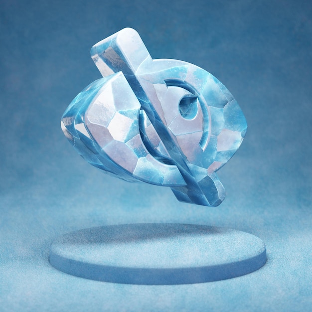 Ikona ukośnika oka. Pęknięty niebieski symbol Ice Eye Slash na niebieskim podium śniegu. Ikona mediów społecznościowych na stronie internetowej, prezentacji, element szablonu projektu. renderowania 3D.