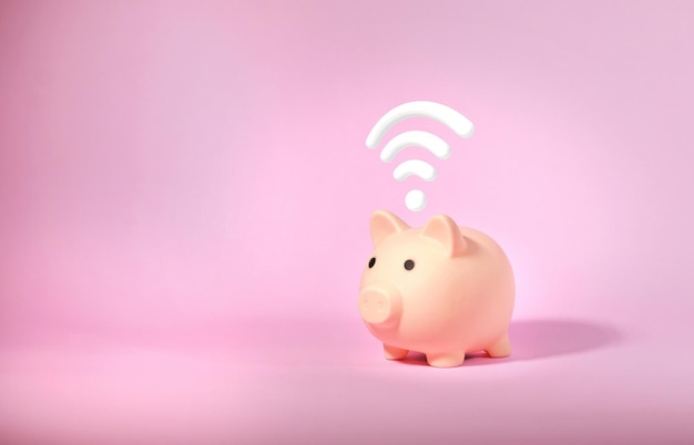 Ikona wifi skarbonka odizolowana na różowym tle Koncepcja oszczędzania pieniędzy