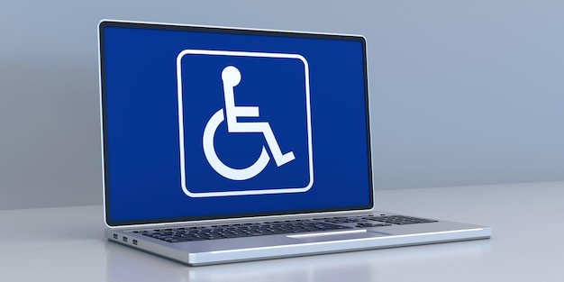 Ikona wózka inwalidzkiego na ilustracji 3d ekranu laptopa komputera