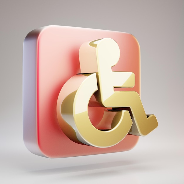 Ikona wózka inwalidzkiego. Złoty symbol wózka inwalidzkiego na czerwonej matowej złotej płycie. 3D renderowane ikony mediów społecznościowych.