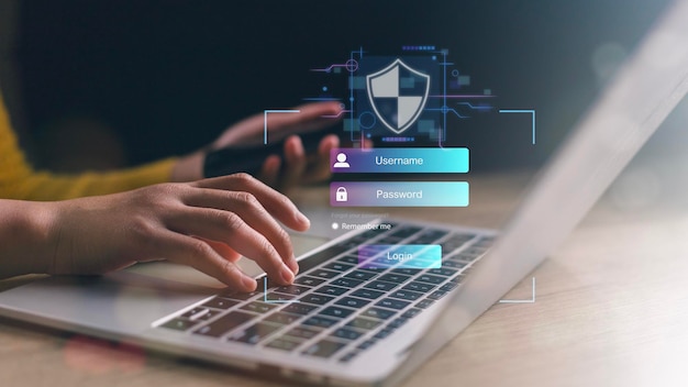 Ikona zamka i kod zabezpieczający pojawiają się na stronie zmiany hasła, podczas gdy osoba biznesowa korzysta z komputera przenośnego Technologia bezpieczeństwa cybernetycznego na stronach internetowych lub aplikacjach w celu ochrony danych