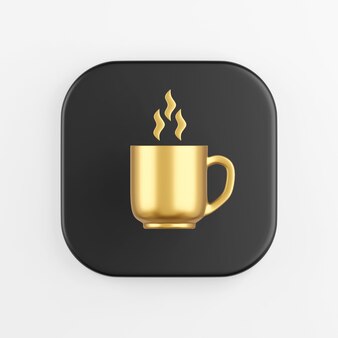 Ikona złoty kubek i fale pary, przerwa na kawę. 3d renderowania czarny kwadratowy przycisk klucza, element interfejsu ui ux.