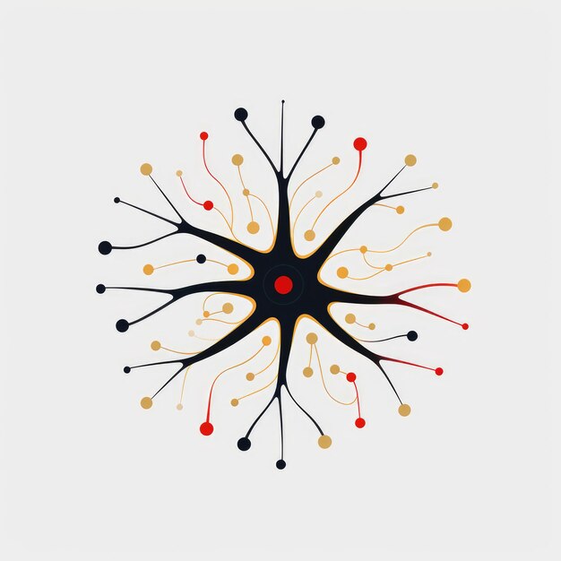 Zdjęcie ikoniczna ilustracja minimalistycznej sieci neuronowej z czarnym złotem i czerwonymi neuronami podkreślonymi przez bol