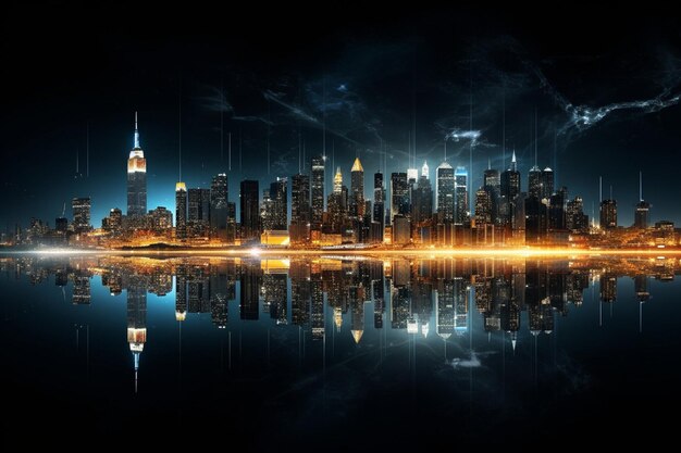 Ikoniczna skyline miasta odzwierciedlona w błyszczących wodach jeziora w nocy