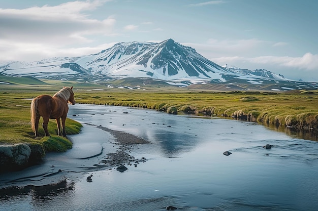 Ikoniczny krajobraz Islandii z majestatycznym koniem w wspaniałym krajobrazie