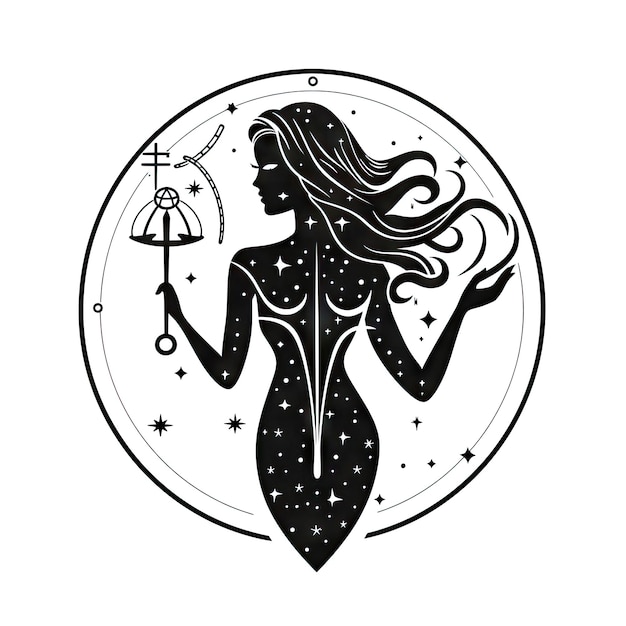 Ikonka Panny Kobieta Symbol zodiaku Ozdobny sylwetka Panny Horoskop Piktogram Minimalny znak astrologiczny Izolowany Ilustracja AI generatywna