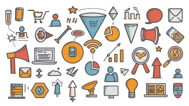 Zdjęcie ikony dla strategii marketingu internetowego z wykresami ludzie megafony sprzedaż funnels pieniądze i smartfony nowoczesny zestaw doodle