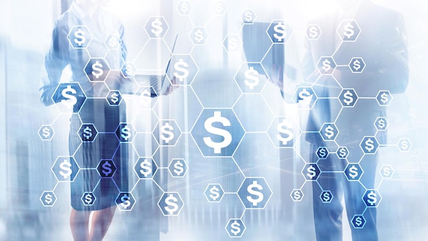 Ikony dolarów Struktura sieci pieniądza ICO handel i inwestycje Crowdfunding