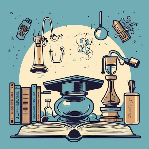 Zdjęcie ikony edukacji ikony książki z czapką do ukończenia studiów i mikroskopu oznaczające tematy edukacyjne generowane za pomocą sztucznej inteligencji