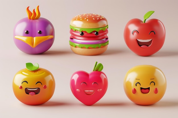 Zdjęcie ikony realistyczne 3d renderowanie jedzenia hamburger bakłażan brzoskwinia ogień i serce izolowana kolekcja emoji pakiet 4 ilustracja