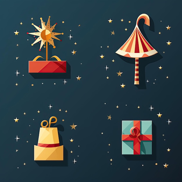 Ikony świąteczne Ikony reprezentujące święta, takie jak kapelusz z prezentami i fajerwerki generowane za pomocą sztucznej inteligencji