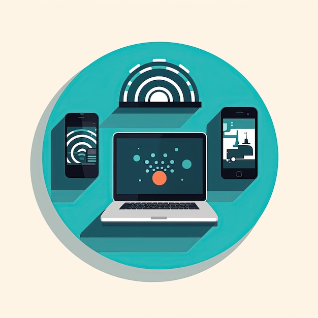Zdjęcie ikony technologiczne ikony przedstawiające komputer, smartfon i wifi symbolizujące technologię generowane za pomocą sztucznej inteligencji