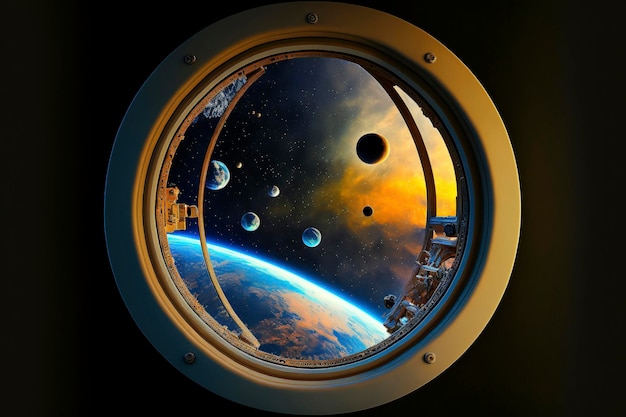 Iluminator z okna statku kosmicznego od rakiety do ciemnego nieba z wahadłowymi planetami gwiazd ziemi z okrągłym g