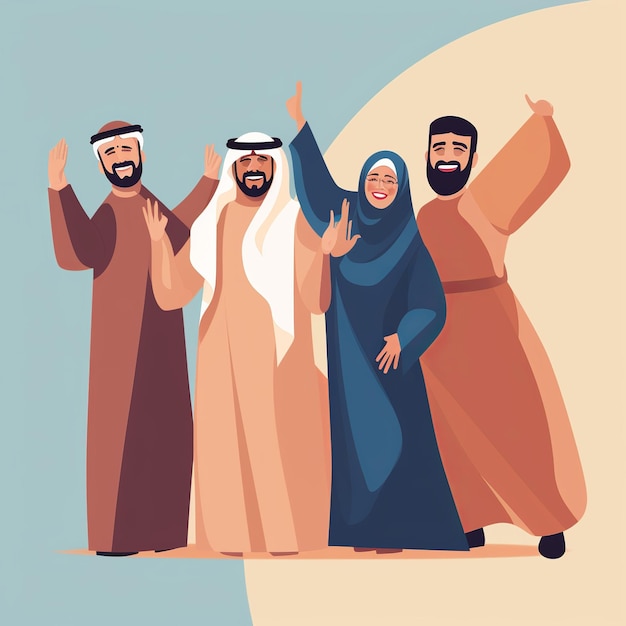 ilustracja 2 arabskich mężczyzn i 2 arabskich kobiet świętujących płaską konstrukcję