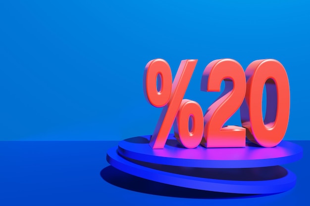 Ilustracja 20% zniżki na ilustracji 3D w kolorze czerwonym z niebieskim tłem i miejscem na kopię