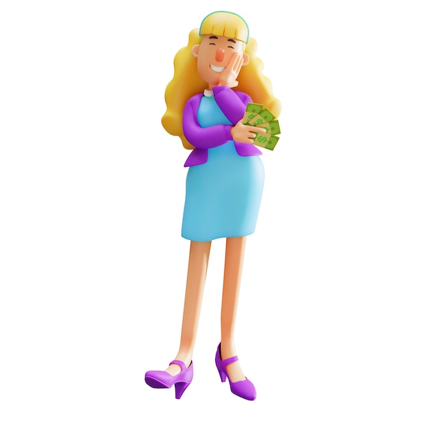 Zdjęcie ilustracja 3d 3d cartoon business woman holding pieniądze mają dużo pieniędzy w ręku, pokazując szczęśliwy