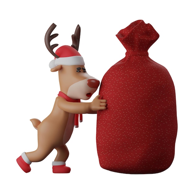 Ilustracja 3D 3D Cartoon Christmas Deer Design pchający duży czerwony worek ubrany w szalik i uroczy