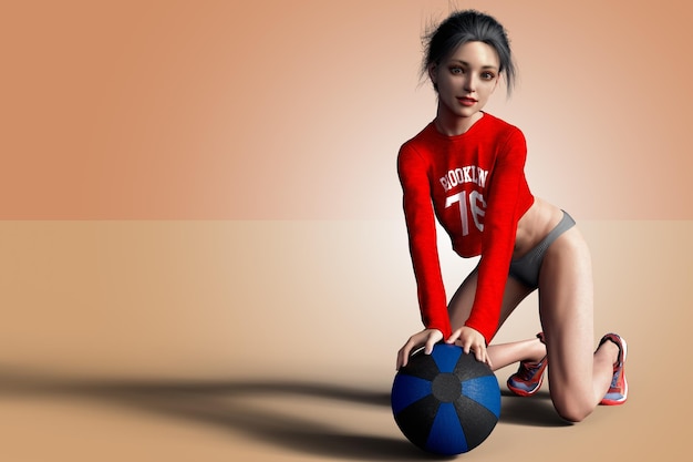 Ilustracja 3D 3D młoda kobieta robi ćwiczenia na ciemnobrązowym tle koncepcja zdrowego stylu życia 3D Render
