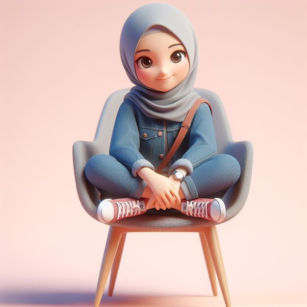 Ilustracja 3D animowanej postaci młodej indonezyjskiej dziewczyny siedzącej zrelaksowana na krześle