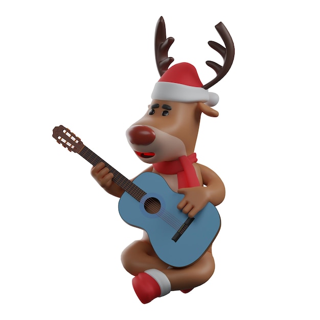 Ilustracja 3D Animowany obraz 3D przedstawiający bożonarodzeniowego muzyka reniferowego trzymającego gitarę podczas siedzenia