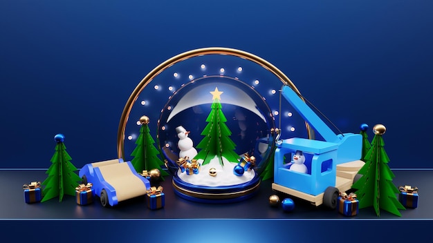 Ilustracja 3D Bajkowa kartka świąteczna z kryształową kulą, jodłą w środku, padającym śniegiem, realistycznymi dekoracjami świątecznymi, samochodami, ciężarówką z kierowcą bałwana