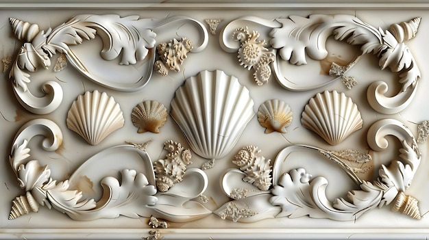 Ilustracja 3D białego panelu ściennego z marmuru z płaskorzeźbą muszli i wodorostów.